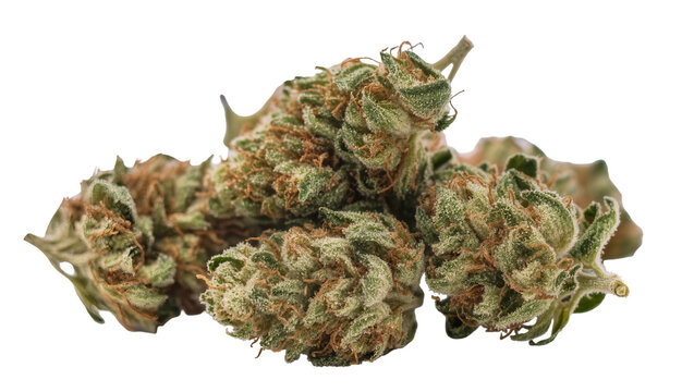 Dense green purple cannabis bud close-up with trichomes and leaves