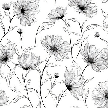 2D Vector Floral Stencil Pattern with Line Drawing on White Background