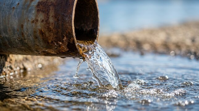 Rusty drainage pipe discharging runoff water for stormwater management.