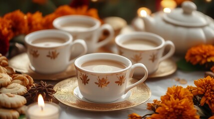 Fototapeta premium Tea Cups with Orange Flowers and Candles on Table