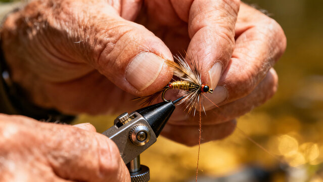 Close-up of Fly Fishing Lure Creation: An angler's hands expertly tie a fishing lure using specialized tools, showcasing the intricate craft of fly tying in a natural outdoor setting.