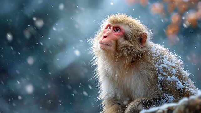 Japanese Macaque Monkey in Snowfall, Snow-Covered Fur