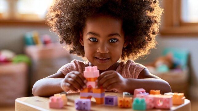 Fr&ouml;hliches schwarzes M&auml;dchen mit Afro-Haar baut l&auml;chelnd mit bunten Bausteinen an einem Tisch in einem hellen Kinderzimmer.