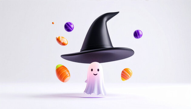 魔女の帽子を被って宙に浮く可愛いお化けとハロウィンのキャンディ
