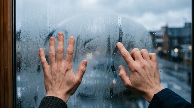 Two palms pressed against frosted glass, exhaled breath fog tracing a single fingertip line