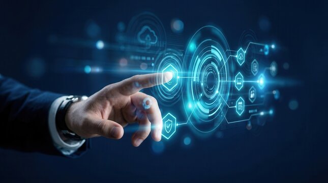 Businessman touching digital interface for paperless records and digital workflows.