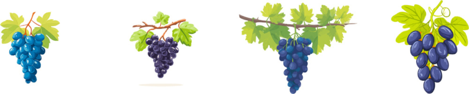 A vibrant cluster of fresh purple grapes hangs gracefully from a green vine, surrounded by lush yellow leaves in this minimalist vector illustration
