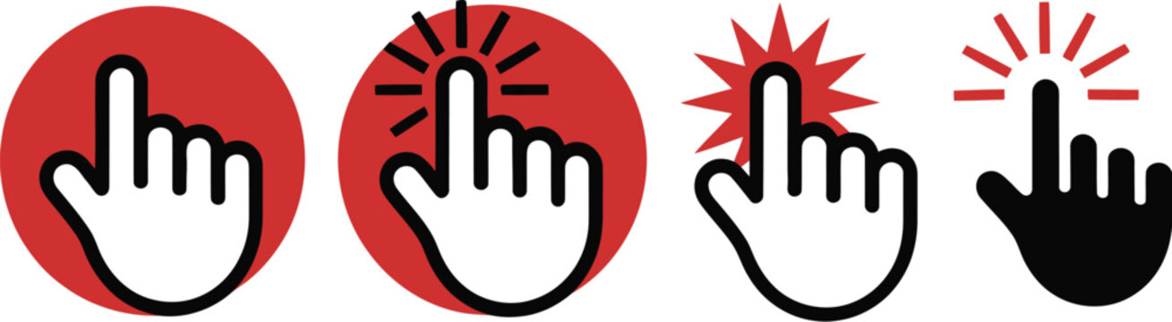 Sequence, of hand click gesture icons showing progressive interaction steps, ending in a bold black silhouette, professional detailed modern elegant vector illustration, user interface action concept,