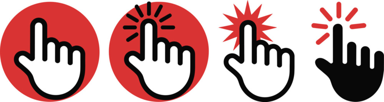 Sequence, of hand icons depicting a clicking action intensifying with each step, culminating in a black silhouette, high quality professional detailed modern elegant vector illustration, 