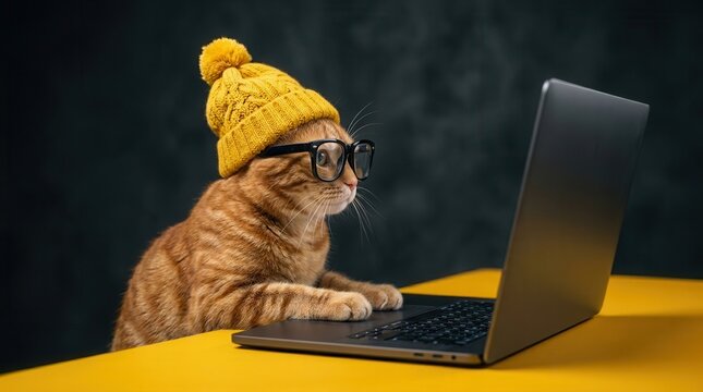 A ginger cat wearing a yellow knit beanie and glasses works on a laptop computer.