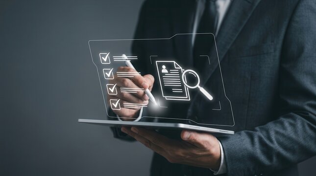 Businessman managing a digital compliance workflow using a smart document verification system.