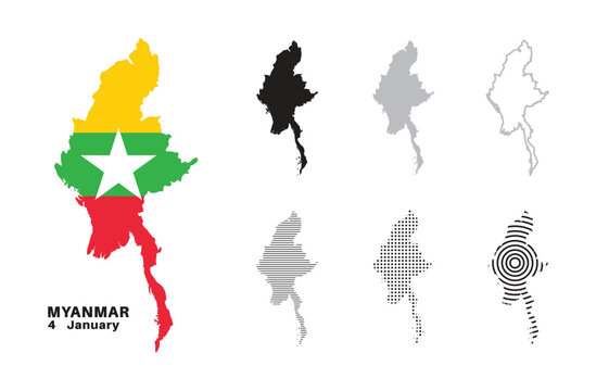  Set of isolated myanmar maps. myanmar flag overlaid with flag proportions. Maps and traveling around the world