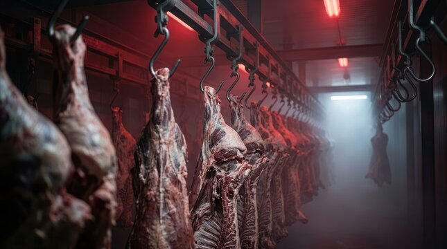 Hanging carcasses in a foggy slaughterhouse with red lighting for industrial meat processing.