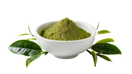 Green Matcha Powder in Ceramic Bowl with Fresh Tea Leaves © Joao