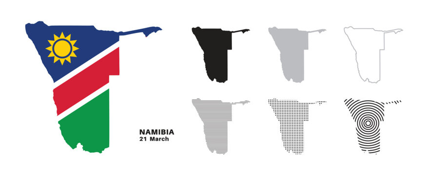  Set of isolated Namibia maps. Namibia flag overlaid with flag proportions. Maps and traveling around the world