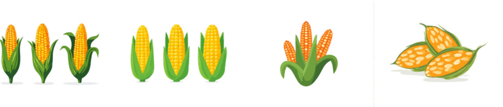 Three vibrant yellow sweet corn kernels are depicted in a flat vector illustration style with clean bold outlines and solid colors, isolated on a white background