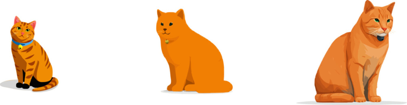 A cute brown farm cat with paws tucked in, wearing a bell, sits on a clean white background, showcasing minimalist crisp shapes and vibrant colors
