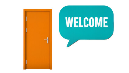 Orange wooden door with silver handle and turquoise welcome speech bubble © Federica