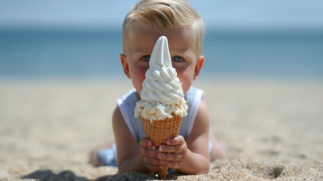 Kleiner blonder Junge liegt am Strand und leckt an einem gro&szlig;en Softeis in einer Waffel.