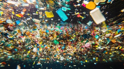 Obraz premium A Close-up View of Colorful Microplastics Floating Near the Surface of Rippling Water