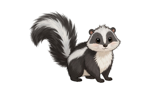 Cute cartoon skunk with fluffy tail and white facial markings