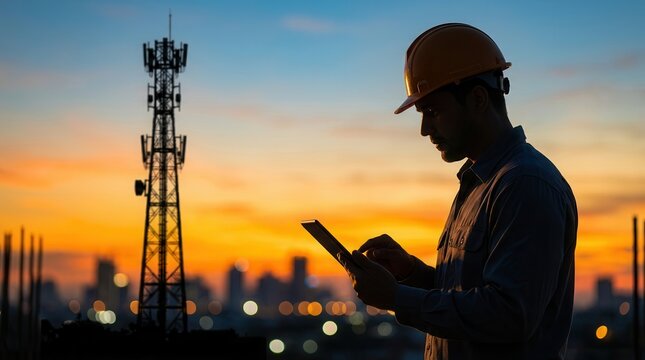 Industrial worker in a hard hat using a digital tablet at a construction site during golden hour sunset.