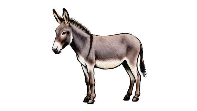 Gray Donkey Standing Profile View with Long Ears and Dark Hooves