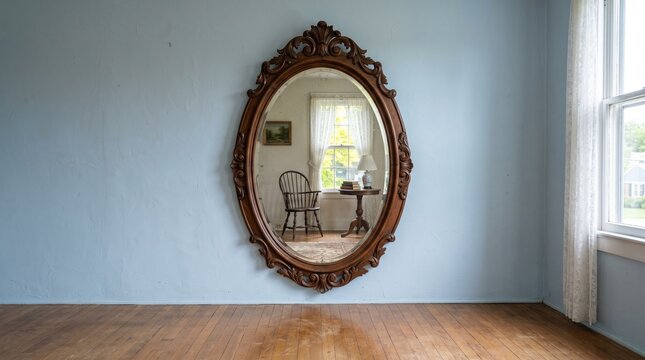 A mirror reflecting an empty room that should show the camera and the photographer
