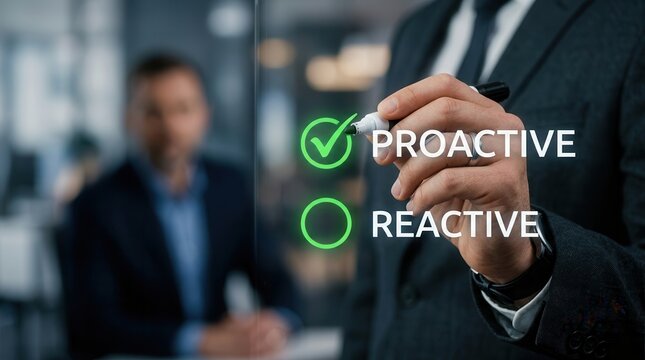 A businessman selecting a proactive solution initiative by ticking a checkbox.