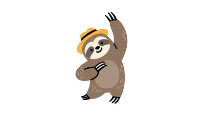 Fototapeta premium Smiling Sloth Wearing Brown Fedora Dancing with Raised Arms