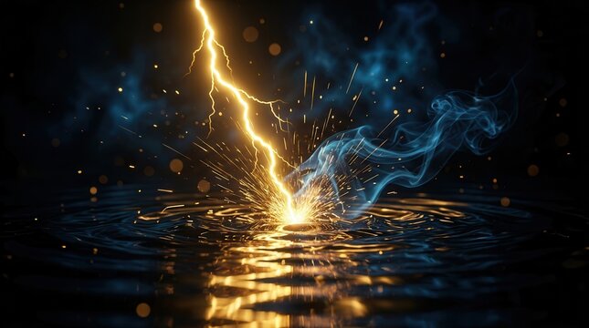 Dramatic lightning bolt striking a water surface with golden sparks and blue smoke.