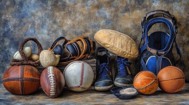 Assorted baseball and football sports equipment, including gloves, balls, and cleats, arranged on a textured background ready for a game.