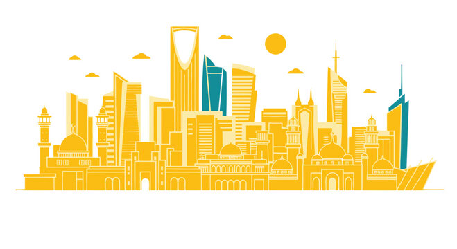 Riyadh Skyline: Modern Skyscrapers and Traditional Architecture in Yellow