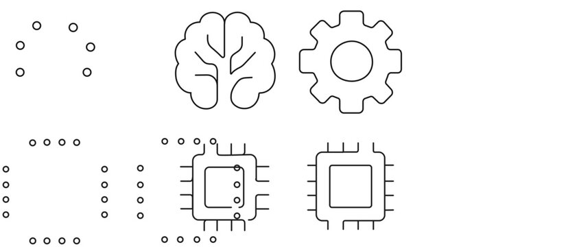 Professional Technology and Data Vector Icon Set Collection of 4 Icons with Editable Stroke featuring Brain Circuitry, Mechanical Gear, and Microchip CPU Designs for Modern Digital Innovation.