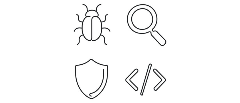 Software development and testing vector icon set collection of 4 line icons including a bug, magnifying glass for debugging, security shield, and programming code brackets for web and app design.