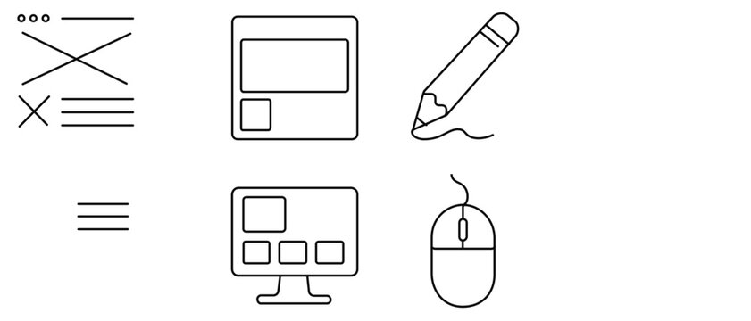 Collection of 4 vector icons for UX and UI design featuring a website wireframe, drawing pencil, desktop screen, and computer mouse, ideal for technology, digital marketing, and web development.