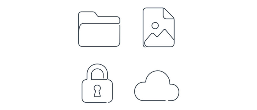 Minimalist vector icon set collection of 4 line icons for digital asset management including a folder, image file, security padlock, and cloud storage for technology and data organization.