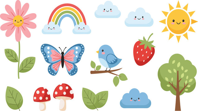 Cute Nature Elements Set with Sun Rainbow Clouds Butterfly Bird Strawberry Flowers and Trees for Kids Nursery Cartoon and Seasonal Design Projects.