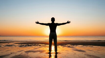 Fototapeta premium Silhouette of a person with outstretched arms on a beach at sunset.
