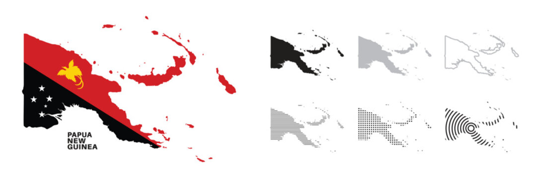  Set of isolated papua new guinea maps. papua new guinea flag overlaid with flag proportions. Maps and traveling around the world