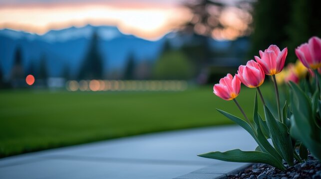 seasonal Springtime Rebirth A field of blooming tulips in various colors, with fresh green grass and trees in the background.