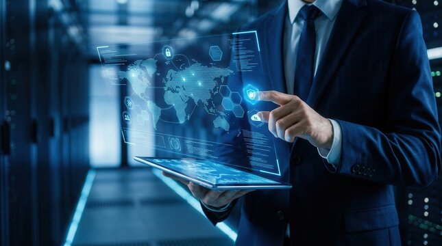 Businessman performing digital forensics and cyber investigation using advanced technology.