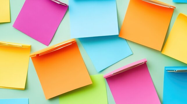 Colorful sticky notes scattered on a light green surface, perfect for creative planning and task organization