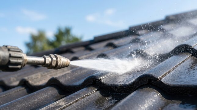 Pressure washer nozzle spraying water to clean dark roof tiles and remove dirt.