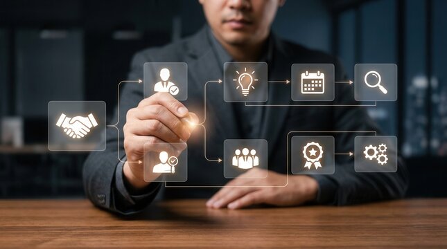 Businessman interacting with a virtual interface for structural business onboarding processes.
