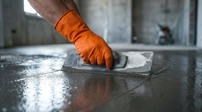 Construction worker using a float to smooth wet self-leveling compound on a concrete floor.