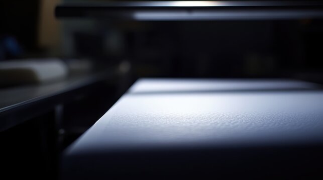 Crisp white paper being fed into a professional printing press under studio lighting