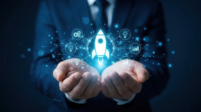 Entrepreneurship launch rocket flying up with network line connection and digital technology ideas.