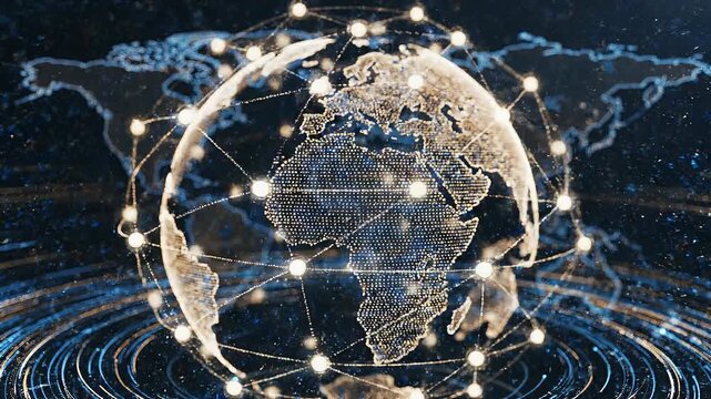 Digital globe with glowing particles representing global data connections and technology network concept