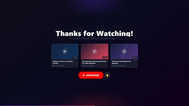 Modern dark theme video channel end screen template with subscribe button and video frame